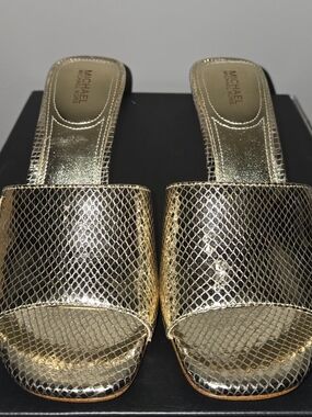 Michael Kors Metallic Gold Snake-Embossed Slide Mules